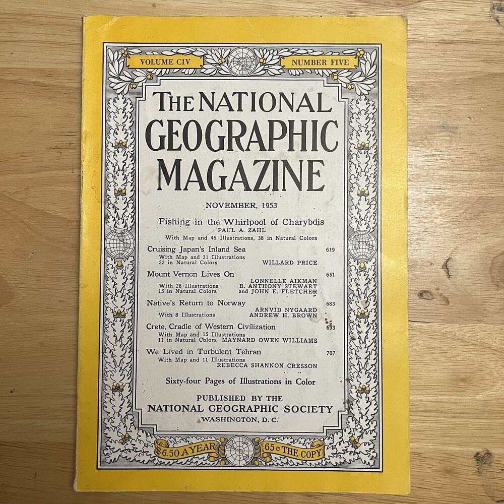 Vintage National Geographic November 1953 Charybdis Japan Mt Vernon Norway Crete